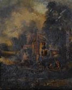 Rowingboat,
Cattle And Figures By A Watermill by John Crome