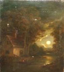 Moonlit River Landscape With Figures In A Boat By Cottage
