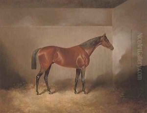 A bay hunter in a stable by James Scott Kinnear