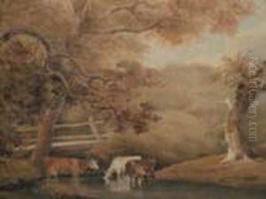 Cattle Watering In A Stream; 
Watercolour, Bearslabel For Thomas Agnew &amp; Sons, London, Verso, 
37x56cm