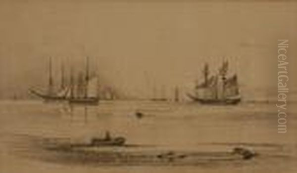 Moored Sailing Ships Off A Coastline - view 1