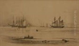 Moored Sailing Ships Off A Coastline by John Crome
