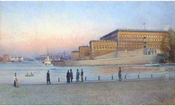 Elegant figures on the quay before the Royal Palace, Stockholm - view 1