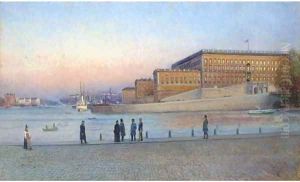 Elegant figures on the quay before the Royal Palace, Stockholm by Johan Kindborg