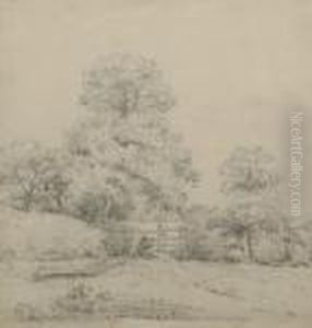 Figures By A Gate With Woodland;
 Pencil, 27x25cm. Provenance: With The Squire Gallery, London According 
To Label Attached To The Reverse