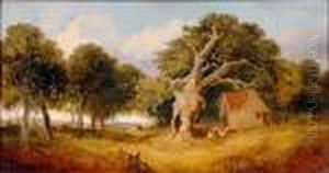 Wooded Landscape With Figures By A Cottage And An Old Oak Tree