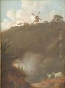 Sheep And Windmill On A Hillside 9 X 6.5in by John Crome