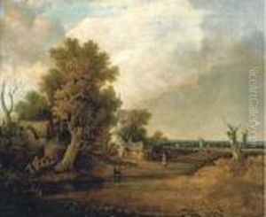 A Wooded Landscape With Cottages By A River And A Windmillbeyond by John Crome