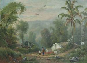 Figures passing Chinese graves in an Indonesian landscape, probably near Malang