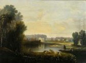 Pastoral Scene With Figures And Sheep By A Lake by John Crome