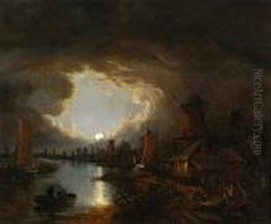 Boats And Windmills At Moonlight by John Crome