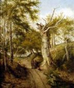 A Summer Landscape, With Figures And Dog Resting On A Woodland Path