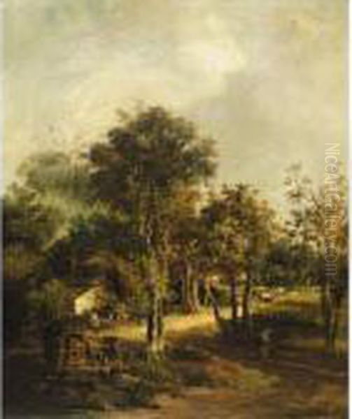 A Wooded Landscape With Cottagers On A Path In The Foreground - view 1