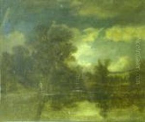 Wooded River Landscape With Watermill And Figure On The Bank by John Crome