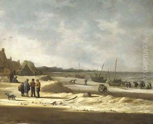 Figures and boats on a beach - view 1