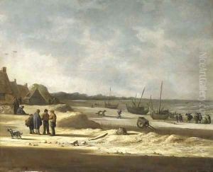 Figures and boats on a beach by Willem Gillisz. Kool