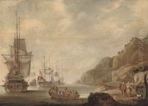The Dutch fleet lying off a rocky shore with an officer being rowed out by Jacob Knyff