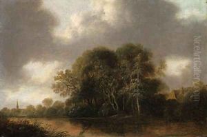 A wooded river landscape with a cottage, a church spire beyond by Francois Van Knibbergen