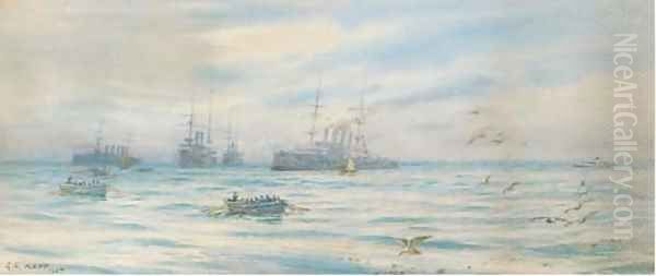 A cruiser squadron offshore with boat crews heading for the beach - view 1