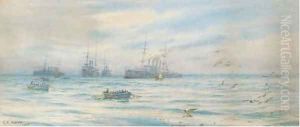 A cruiser squadron offshore with boat crews heading for the beach by George Cochrane Kerr