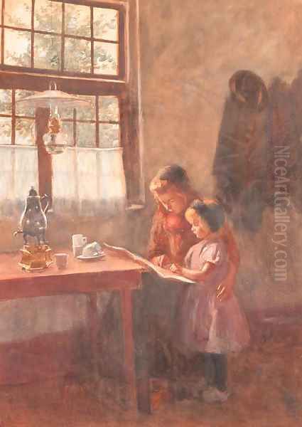 Girls reading in an interior - view 1