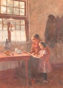 Girls reading in an interior by Heinrich Martin Krabb