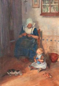 An interior scene with a woman knitting by Heinrich Martin Krabb