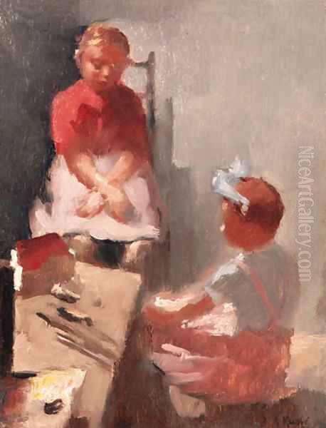 Two girls admiring their dollhouse - view 1