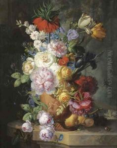 Roses, parrot tulips, an iris, morning glory and other flowers in a sculpted vase by Jan Keldermann