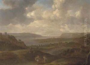 An extensive coastal landscape with travellers on a path