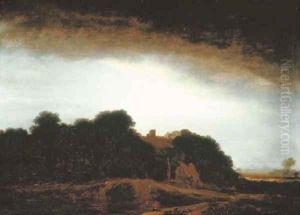 A wooded landscape with a cottage by a path at dusk, an artist sketching in the foreground by Philips Koninck