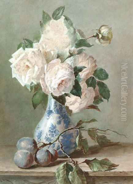 White roses in a blue and white vase - view 1