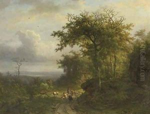 Peasants on a wooded path, a valley beyond; and peasants entering a chapel in a wooded valley by Barend Cornelis Koekkoek
