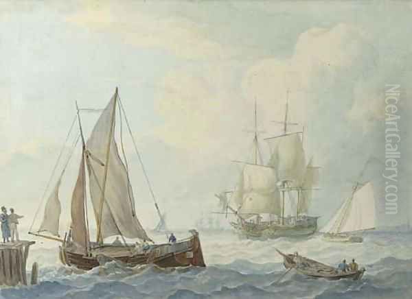 Threemasters and other sailing vessels in a light breeze, a landing stage in the foreground, a village beyond - view 1