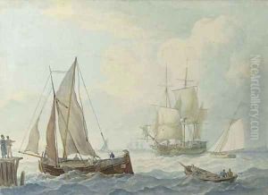 Threemasters and other sailing vessels in a light breeze, a landing stage in the foreground, a village beyond