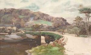 Figures walking on a bridge over the River Wakeham, Dartmoor