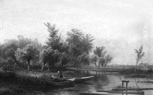 A wooded river landscape with an eelfisher by Pieter Lodewijk Francisco Kluijver