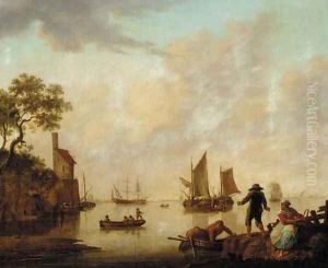 An extensive river landscape with peasants mooring a boat and ships beyond