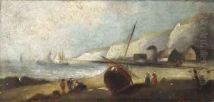 Unloading at low tide on the Britanny coast; and A Britanny fishing village by Charles Euphrasie Kuwasseg