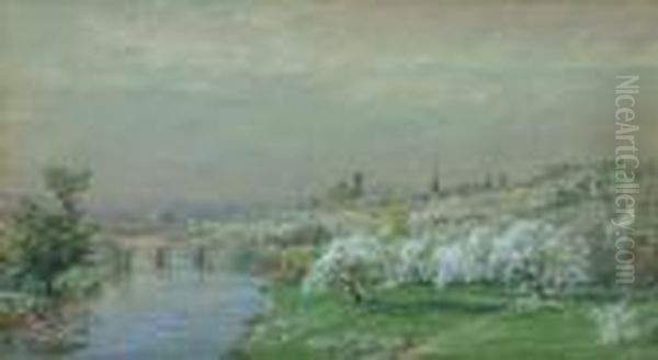 Spring Landscape With River And Town - view 1
