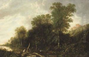 A wooded landscape with nymphs bathing in a river by Francis Van Knibbergen