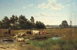 A summer landscape with cattle grazing by Johan Daniel Koelmann