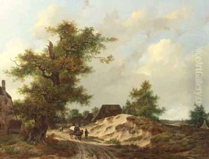 Travellers on a sandy track through a village in a wooded landscape