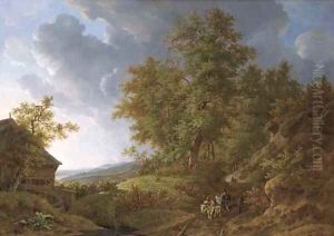 An extensive rolling landscape with travellers on a sandy track by a watermill