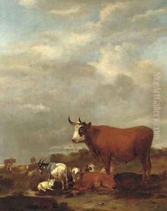 A landscape with cows and goats