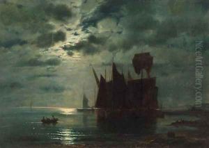 Fishing boats in a harbour by moonlight by Ferdinand Konig