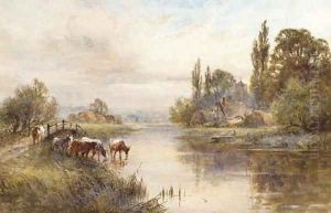 Cattle on the banks of a river by Henry John Kinniard