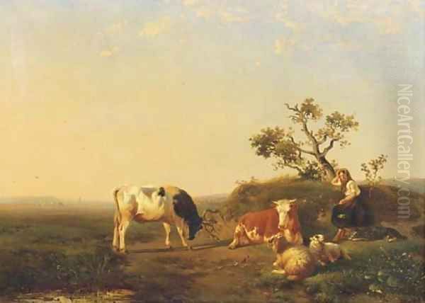 A peasant girl and cattle resting in a landscape - view 1
