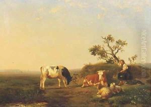 A peasant girl and cattle resting in a landscape by Johan Daniel Koelman