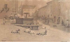 The square at Genazzano, with goats at a fountain The square at Genazzano, with goats at a fountain
